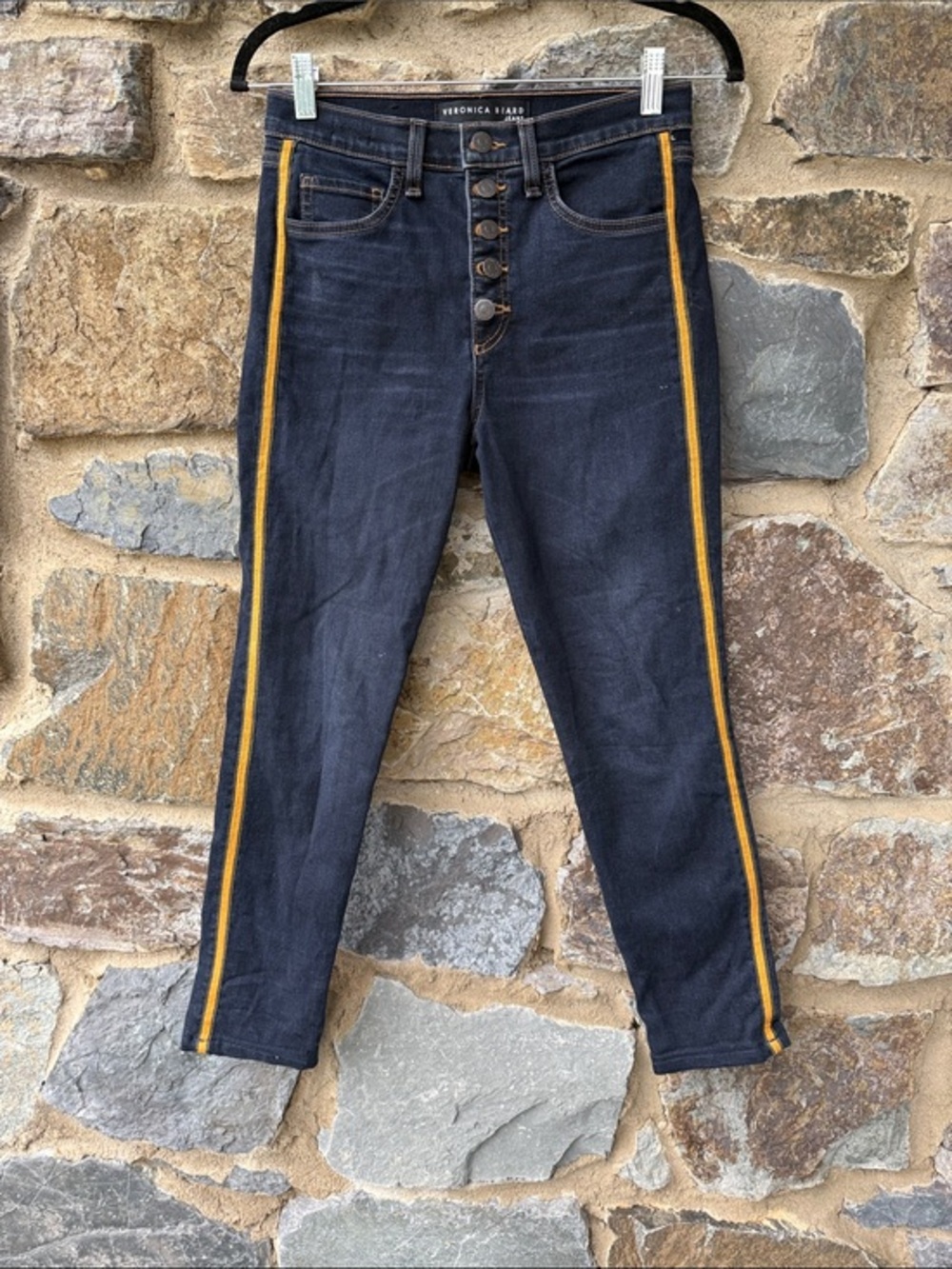 Veronica Beard Jeans 26 Blue Denim Debbie Skinny Side Stripe Button Fly